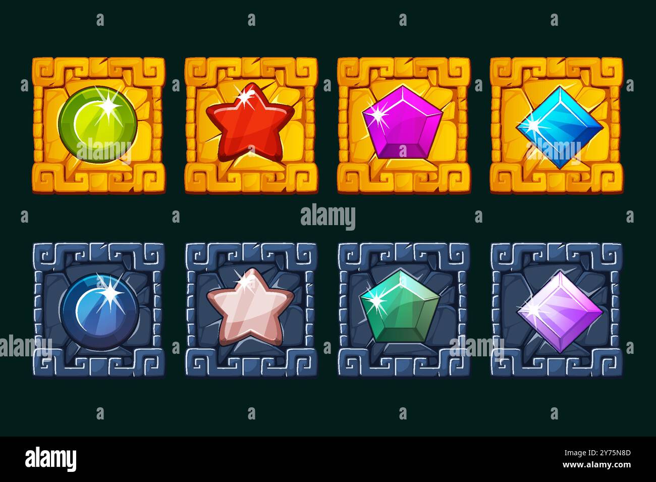 Aztekische Edelsteine und goldene APP-Symbole. Vier Edelsteinsymbole für Slots oder UI-Spiele. Helle Edelsteine in Gold- und Steinrahmen. Glänzend Stock Vektor