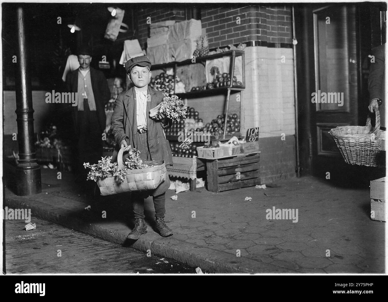 Am Center Market. 11 Jahre alter Sellerieseller. Ist erst ein halbes Jahr in diesem Land. Washington D.C. April 1913. Vintage American Photography 1910s Untergeordnetes Arbeitsprojekt. Stockfoto