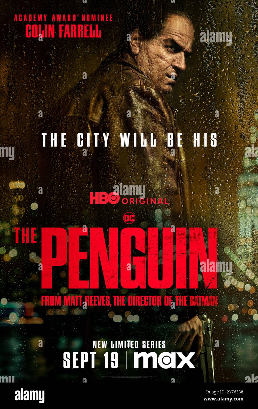 The Penguin (2024) TV-Miniserie von Lauren LeFranc, Regie: Craig Zobel, mit Colin Farrell als Oswald Cobblepot, alias der Penguin, der ein Stück macht, um die Kontrolle über Gothams Kriminalwelt zu übernehmen. Werbeplakat ***NUR REDAKTIONELLE VERWENDUNG***. Quelle: BFA/HBO Max Stockfoto