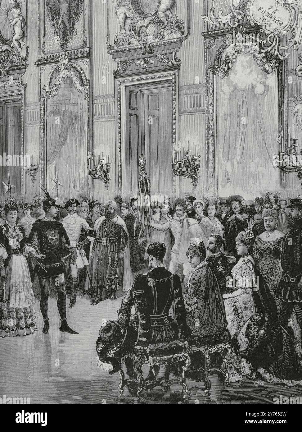 Geschichte Spaniens. Madrid. Kostümball im Palast der Herzöge von Fernán-Núñez am 25. Februar 1884. Präsentation im Hauptsaal der extra „La Commedia dell’Arte“, vor König Alfonso XII. (1857-1885) und Königin Maria Christina von Österreich (1858-1929), und den Fürsten von Bayern, Infanta María de la Paz von Spanien (1862-1946) und Prinz Ludwig Ferdinand von Bayern (1859-1949) (sitzen). Zeichnung von Juan Comba. Stich von Arturo Carretero (1852-1903). Details. La Ilustración Española y Americana (die spanische und amerikanische Illustration), 15. März 1884. Stockfoto