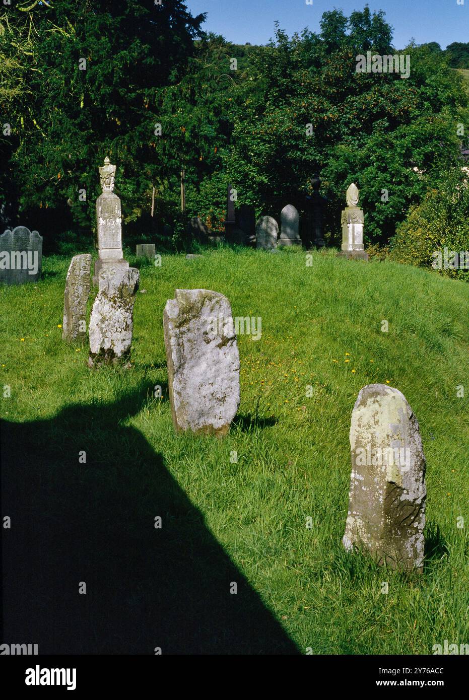 Sehen Sie sich eine Reihe von vier kleinen stehenden Steinen (W einer mit Inschrift) an, die von E-W neben der N-Mauer der St Winifred's Church, Gwytherin, verlaufen; Conwy, Wales, Großbritannien Stockfoto
