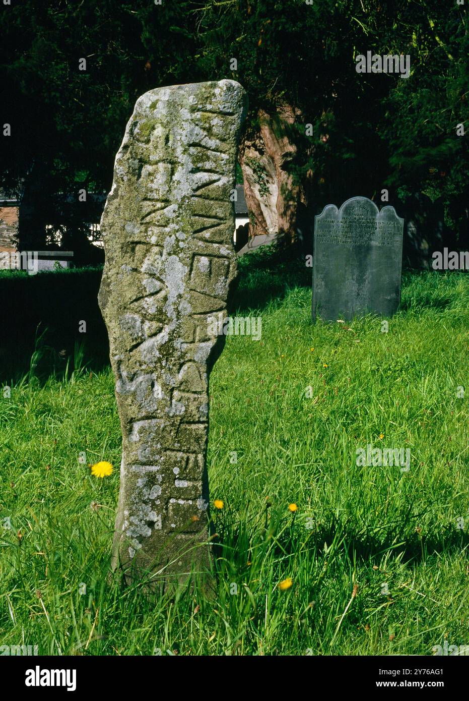 Eingeschriebener Stein am W-Ende einer Reihe von vier kleinen stehenden Steinen entlang der N-Mauer der St Winifred's Church, Gwytherin, Conwy, Wales, Großbritannien Stockfoto
