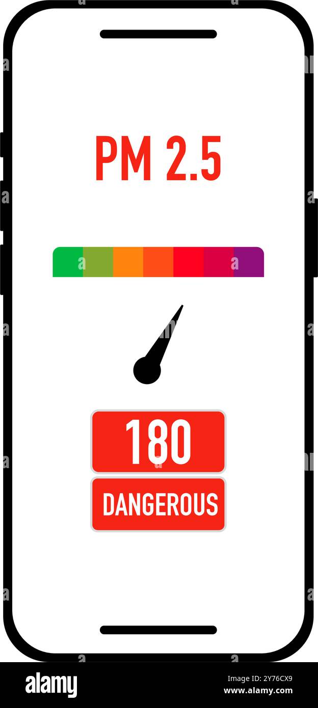 Smartphone- und Anwendungsprüfung PM 2,5, Luftverschmutzungsalarm. Prüfen Sie das Zeichen und das Symbol der Staubmessanzeige. Vektorabbildung Stock Vektor