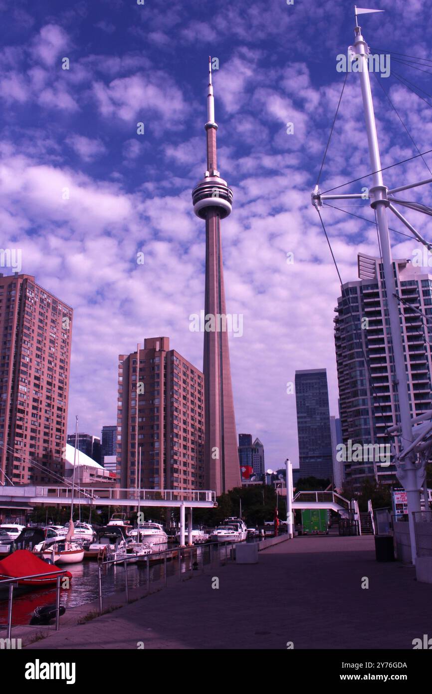 Blick auf den CN Tower von der Hafenfront von Toronto. Stockfoto