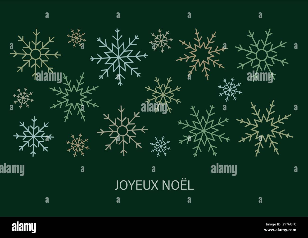 Festliche französische Postkarte „Joyeux Noël“ mit unterschiedlich großen und geformten Schneeflocken auf dunkelgrünem Hintergrund. Stock Vektor