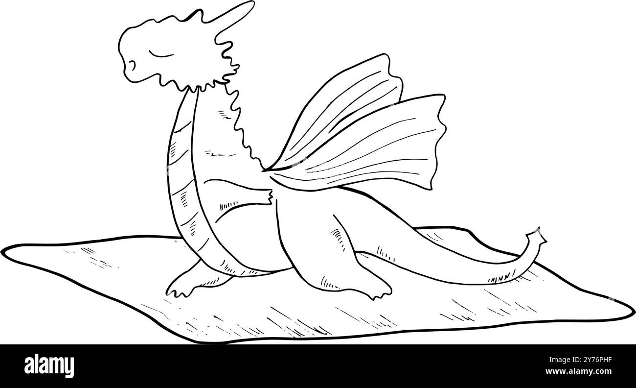 Drache mit Flügeln, die in Dreiecksstellung stehen und Yoga auf Pilates machen, Mat Line Art, schwarze Tusche. Tierübliches Fitnesstraining Stock Vektor