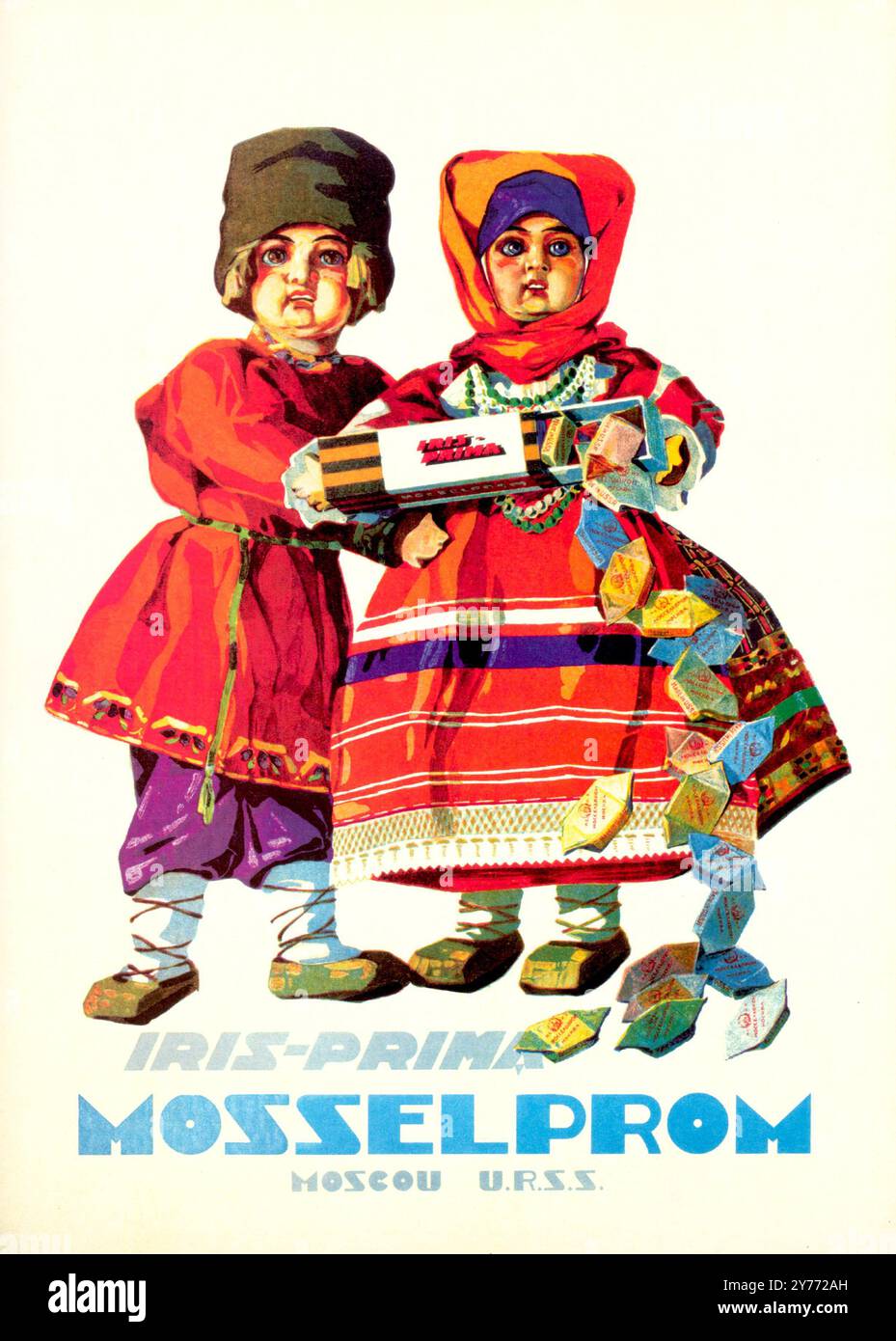russisches Vintage-Poster von Alexander Zelensky. Iris-prima - Premium Toffee. Poster für Mosselprom. Moskau. 1920-1930s Stockfoto