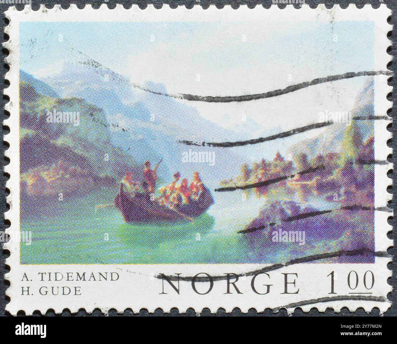 Gestempelte Briefmarke, gedruckt von Norwegen, auf der das Gemälde 'Ferry in Hardanger Fjord' von A. Tidemand und H. gezeigt wird Gude, ca. 1974. Stockfoto