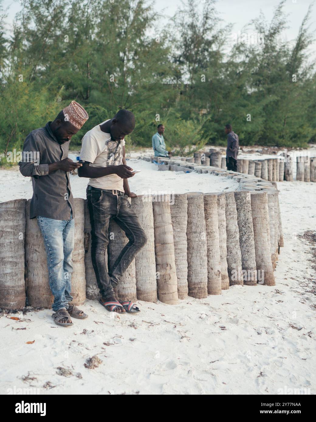 Sansibar, Tansania - 16. Februar 2022: Zwei afrikanische Männer scrollen am Telefon am Strand. Stockfoto