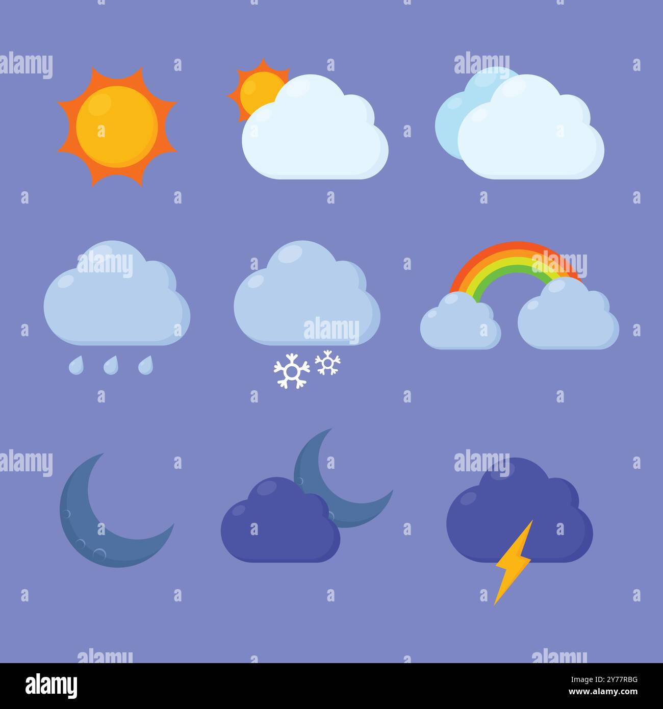 Wettersymbole eingestellt. Vektor der Symbole für die Wettervorhersage. Illustrationen zu den Jahreszeiten Stock Vektor