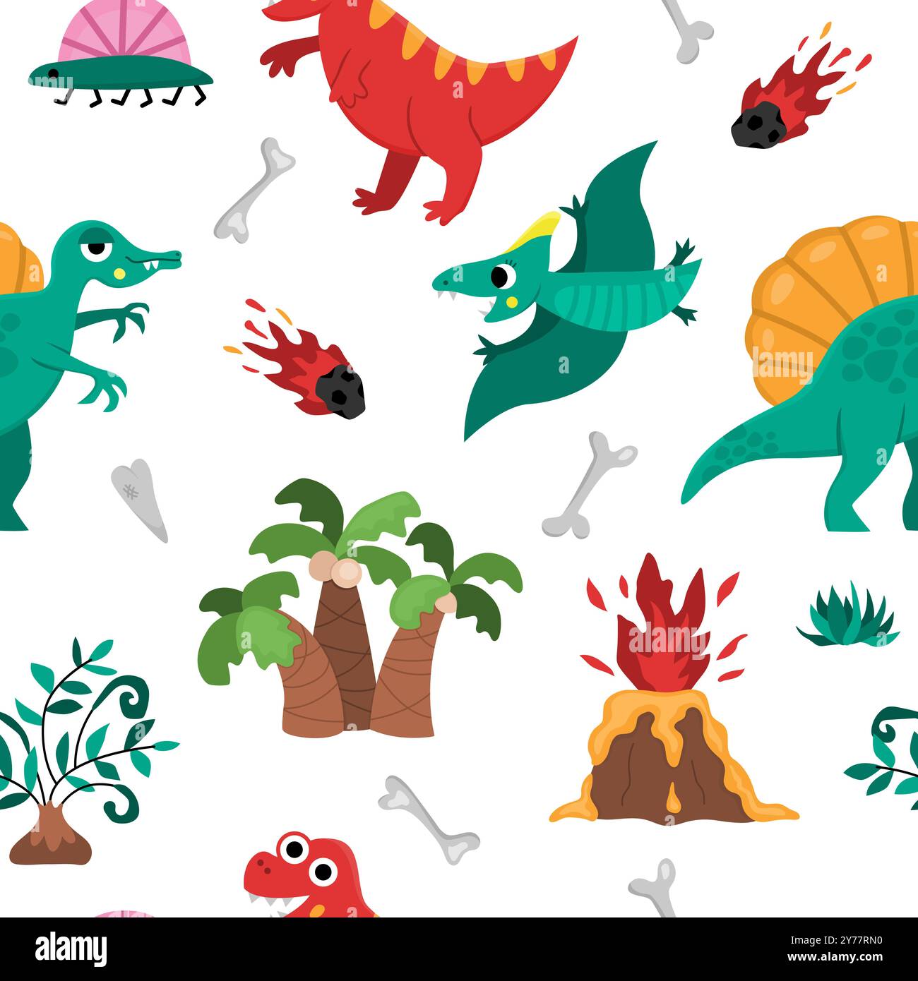 Nahtloses Vektor-Dinosaurier-Muster. Niedlicher Hintergrund für prähistorische Tierwiederholung. Dino Digitalpapier mit Pterodactyl, Tyrannosaurus, T-Rex, Vulkan, Knochen Stock Vektor