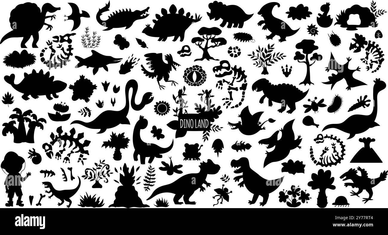 Vektor-Dinosaurier-Silhouetten Set. Niedliche Sammlung prähistorischer Tierfiguren. Schwarze Dino-Schattenillustrationen mit Pterodactyl, Stegosaurus, Tyrannosauru Stock Vektor