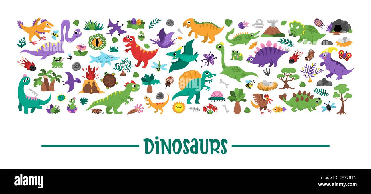 Vektor-Dinosaurier horizontal Set mit Pterodactyl, Stegosaurus, Tyrannosaurus, Triceratops, T-Rex. Prähistorische Tierkartenvorlage oder Rahmendesign für Stock Vektor