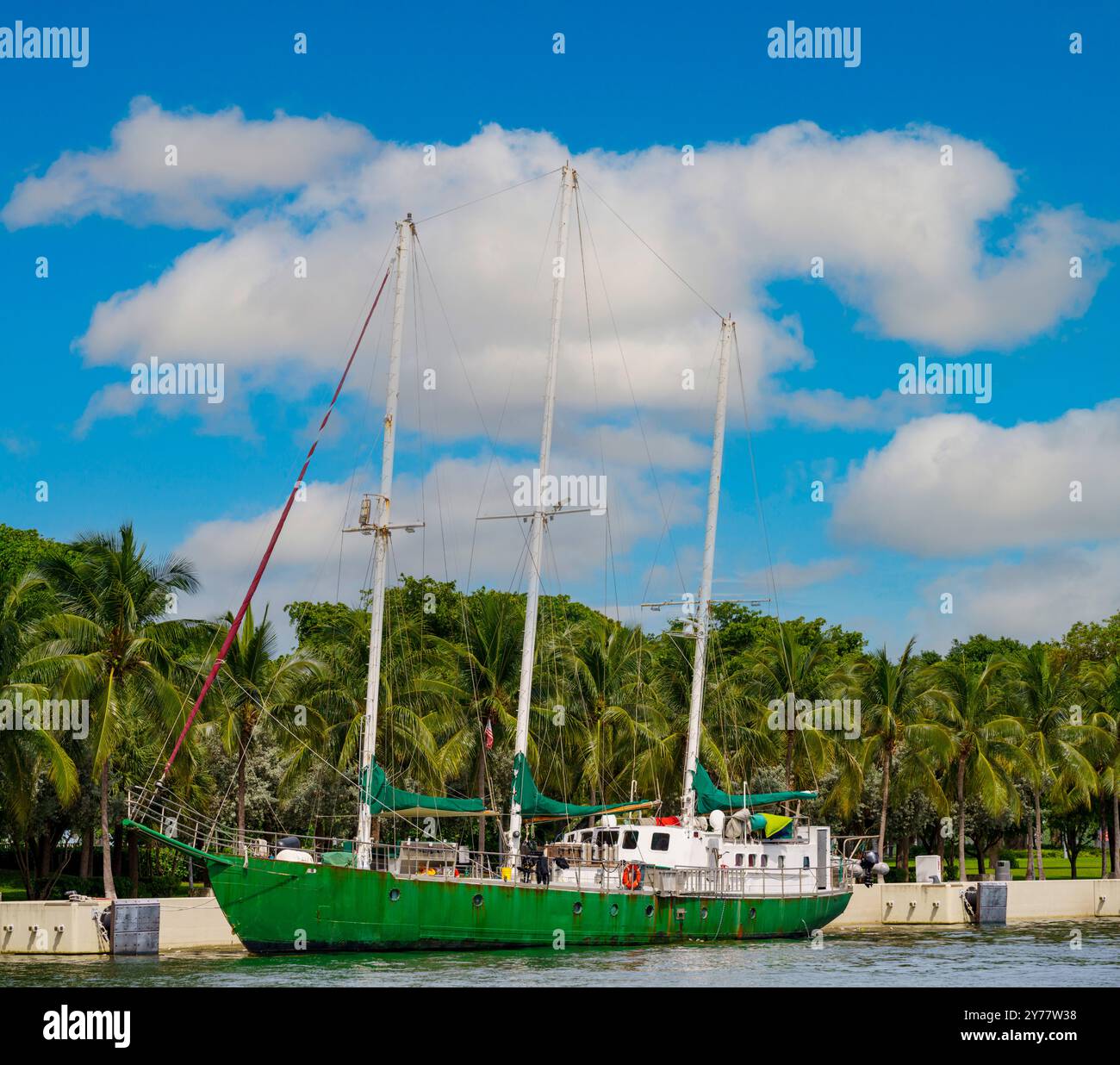 Altes grünes Segelschiff mit Palmen im Hintergrund Stockfoto