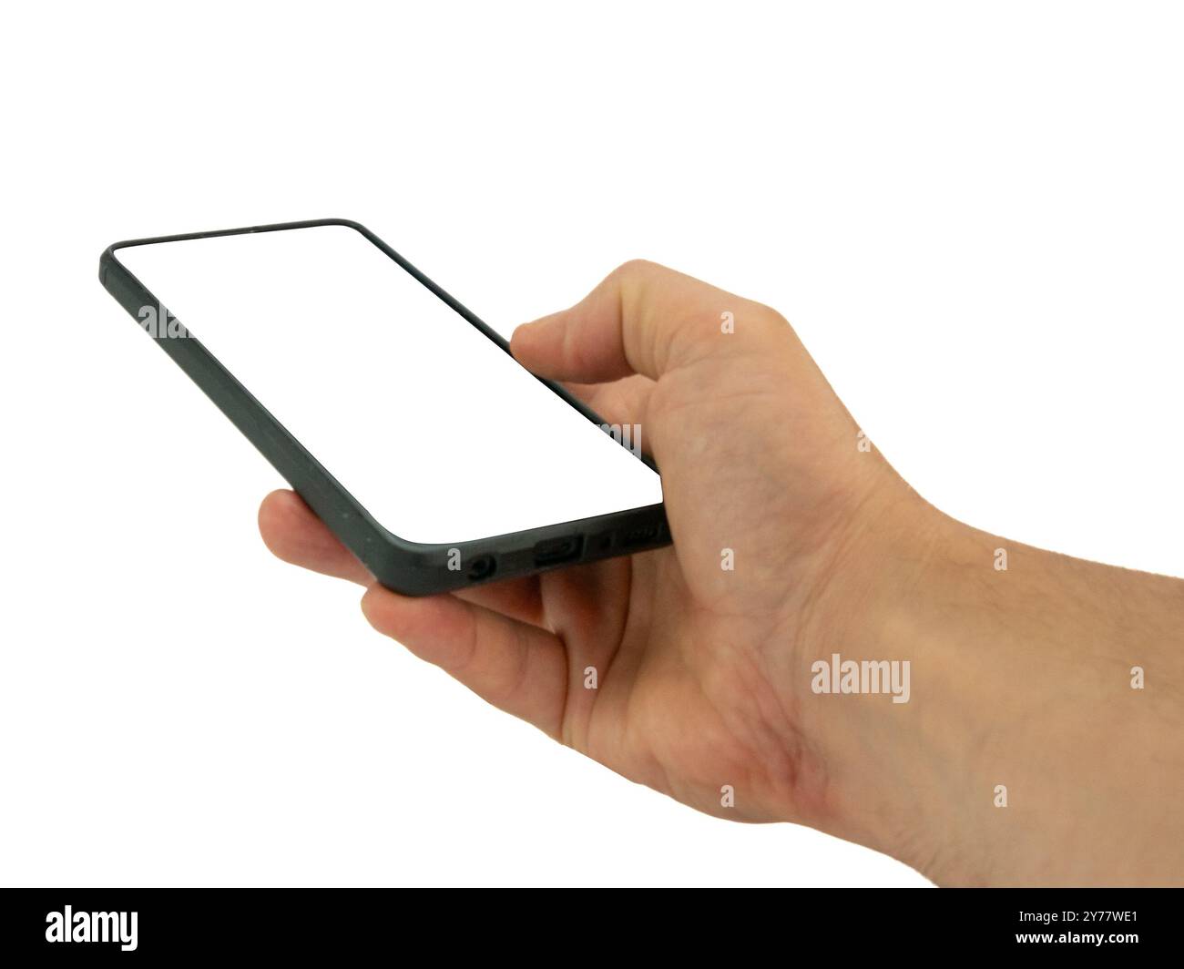 Hand mit Smartphone mit leerer Bildschirm Stockfoto