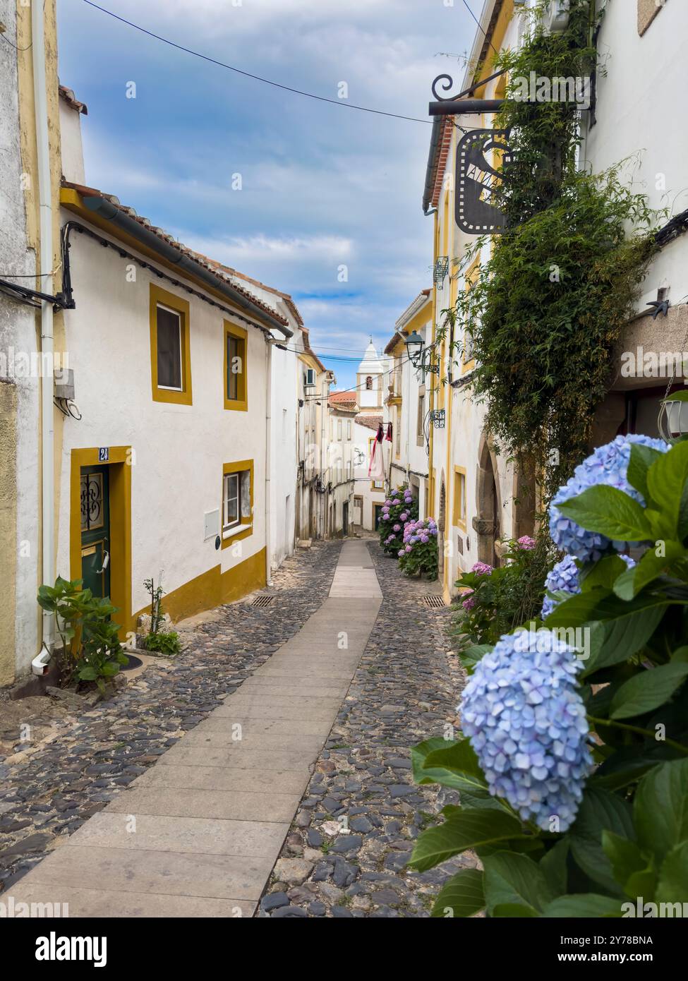 Castelo de Vide, Portugal - 30. Juni 2024: Blick auf eine enge Straße im alten jüdischen Viertel des historischen Dorfes Castelo de Vide in Alentejo, Stockfoto