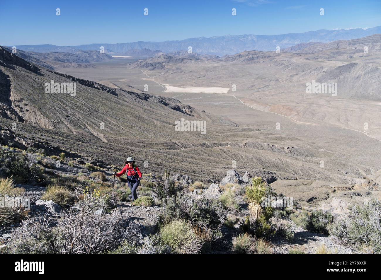 Frau, die den Tin Mountain über dem Racetrack Valley im Death Valley National Park in Kalifornien aufsteigt Stockfoto