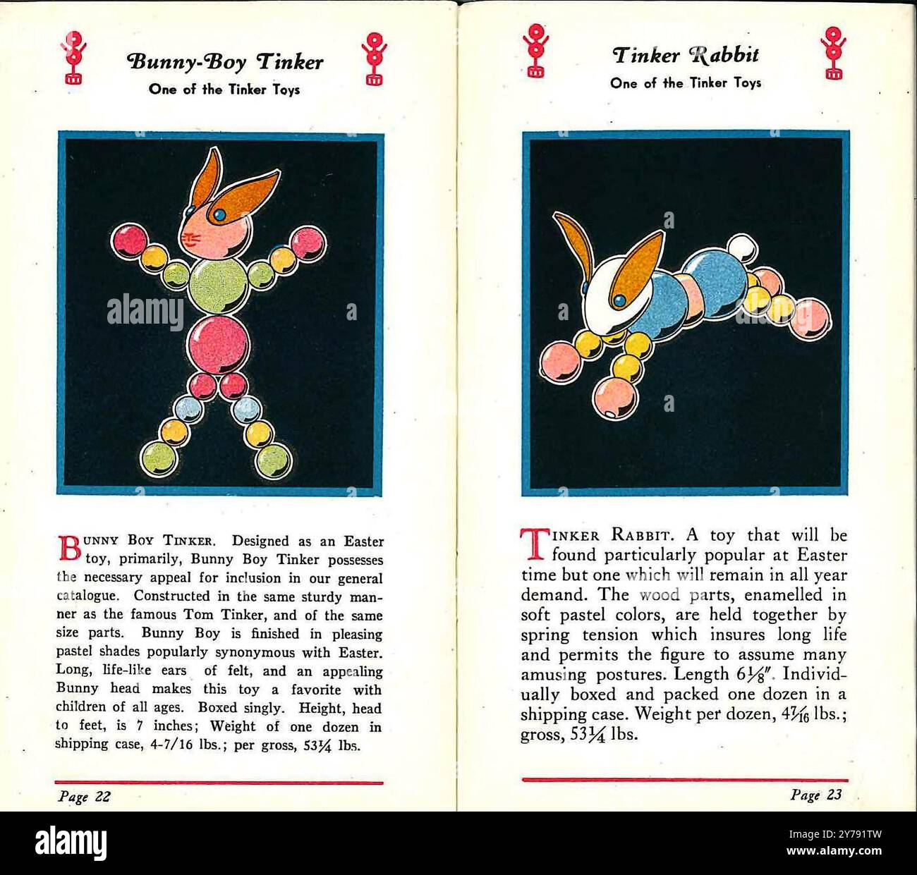 Bunny-Boy und Rabbit Tinker. Katalogseiten für Vintage-Vertriebspartner mit Spielzeug von der Tinker Toys Company, 1934 Stockfoto