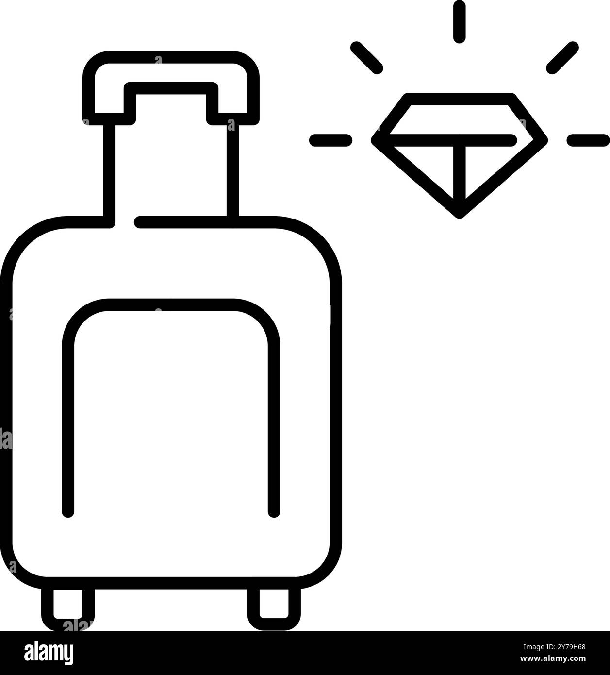 Wheeler Koffer und glänzender Diamant. Hochwertige Reisevorräte und erstklassiger Flugservice. Pixelperfektes, bearbeitbares Konturvektorsymbol Stock Vektor