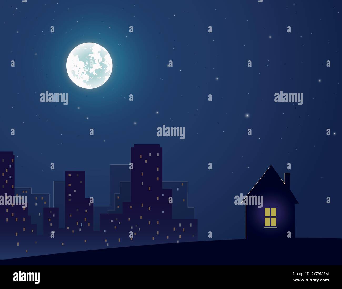 Startseite. Suburbia. Silhouette einsames Haus auf einem Hügel vor dem Hintergrund einer Nachtstadt. Beleuchtet vom Licht des Vollmondes. Ein Himmel voller Sta Stock Vektor