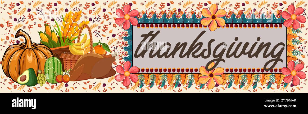 Buntes Thanksgiving-Banner mit Erntekornukopie, Herbstblättern und hellen Blumen. Perfekt für saisonale Einrichtung und festliche Feiertage. Stock Vektor