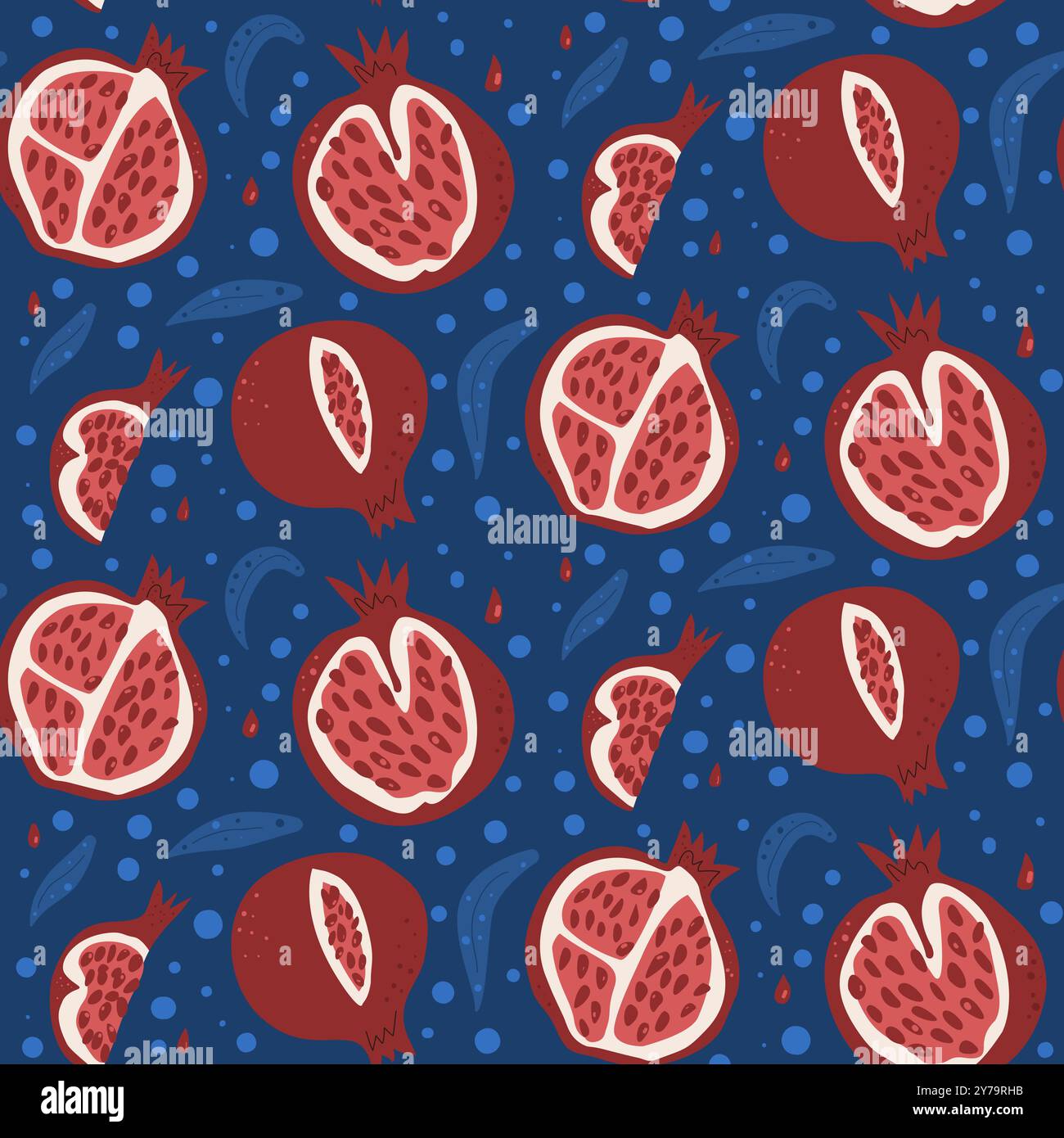 Nahtloses Granatäpfel-Muster. Verschiedene Früchte dunkel durchgehende Ornamente. Vektor handgezeichnet flache Illustration. Stock Vektor