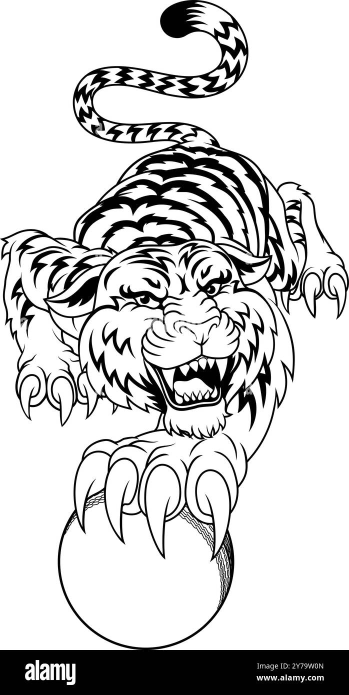 Tiger Cricket Ball Tiersport-Team Maskottchen Stock Vektor