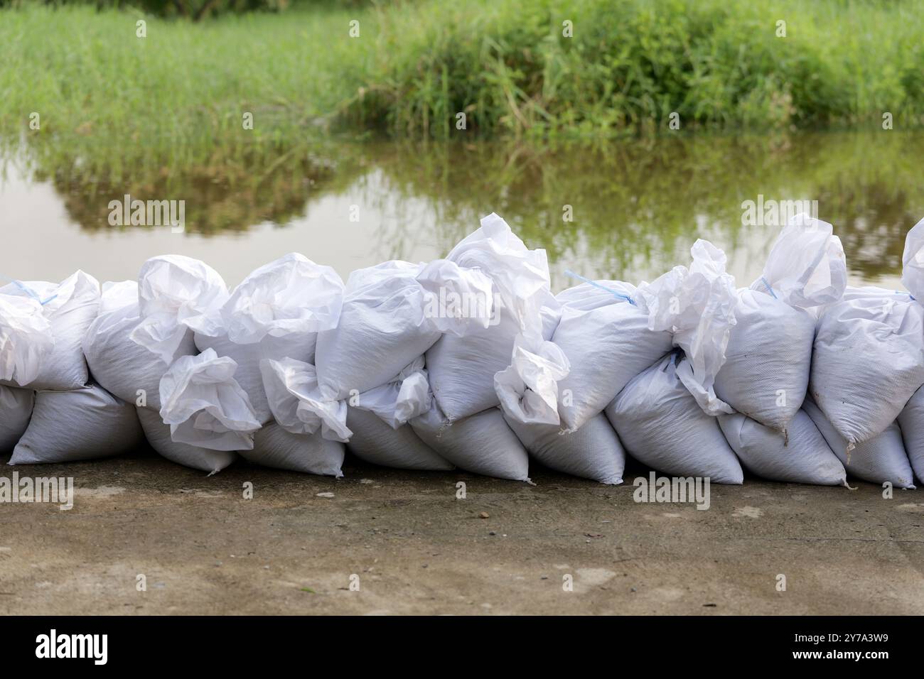 Sandsack für Hochwasserschutz. Ein Stapel oder eine Wand aus Sandsäcken am vorderen Tor oder Eingang, um das Haus vor überflutetem Wasser, Überschwemmungen zu schützen Stockfoto