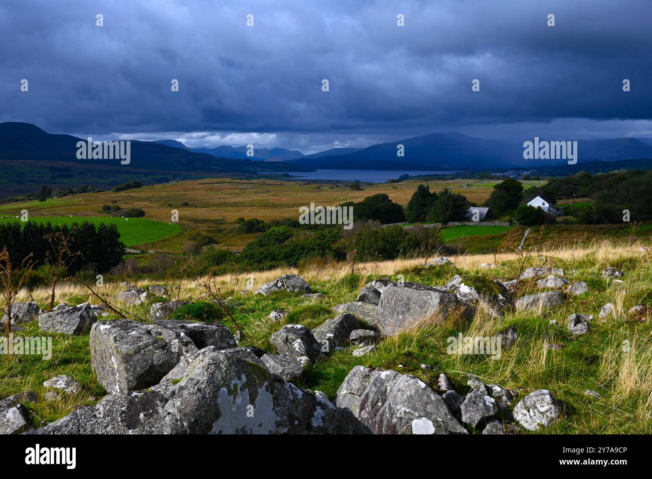 Der Trawsfynydd Lake und die Berge von Snowdonia (Eryri) aus dem Dorf Bronaber mit schweren dunklen Wolken und vordergründigen Felsen. Stockfoto