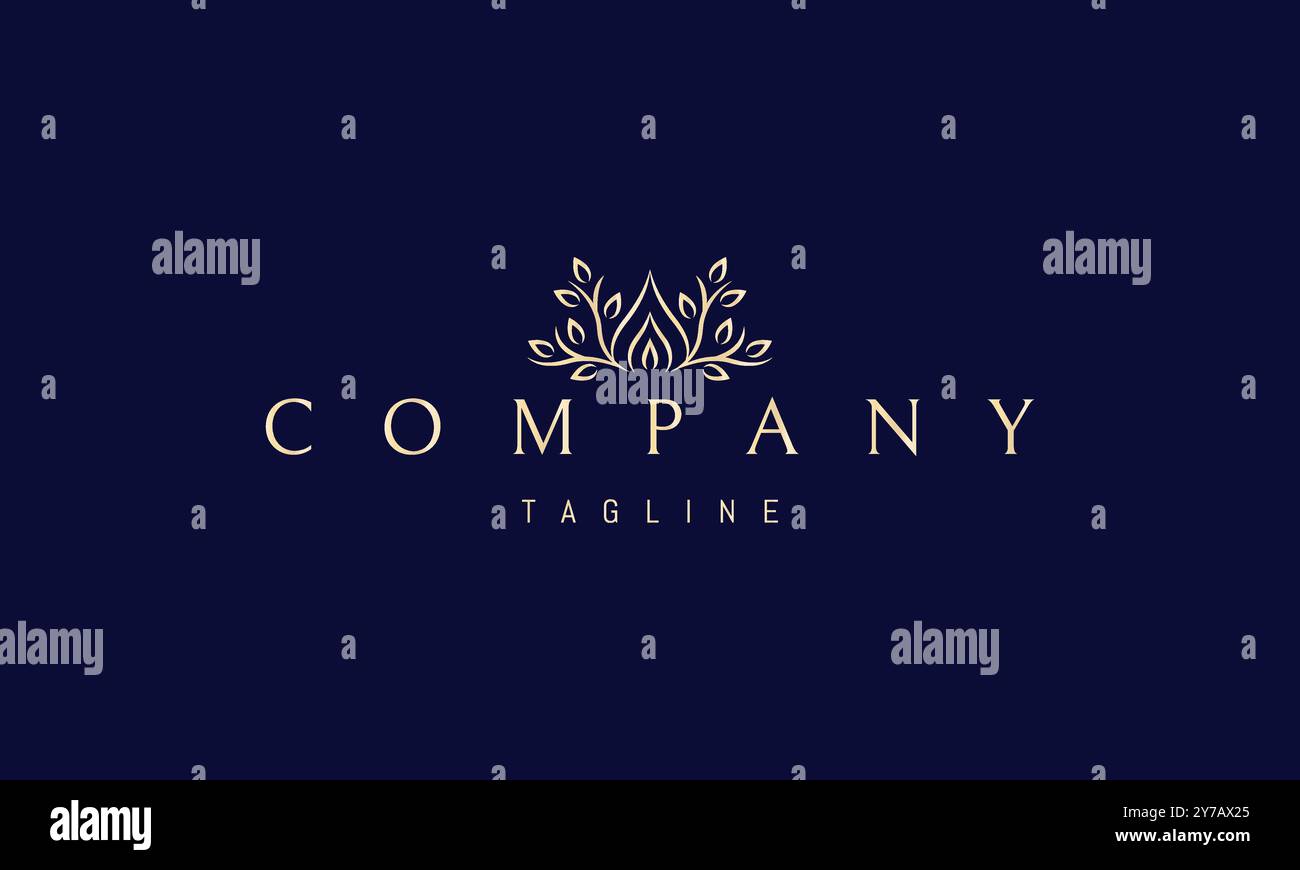 Goldenes Vektor-Logo mit einem abstrakten Bild einer Kerzenflamme mit Zweigen und Blättern an den Seiten. Stock Vektor Goldenes Vektor-Logo mit einem abstrakten Bild einer Kerzenflamme mit Zweigen und Blättern an den Seiten. Stock Vektor