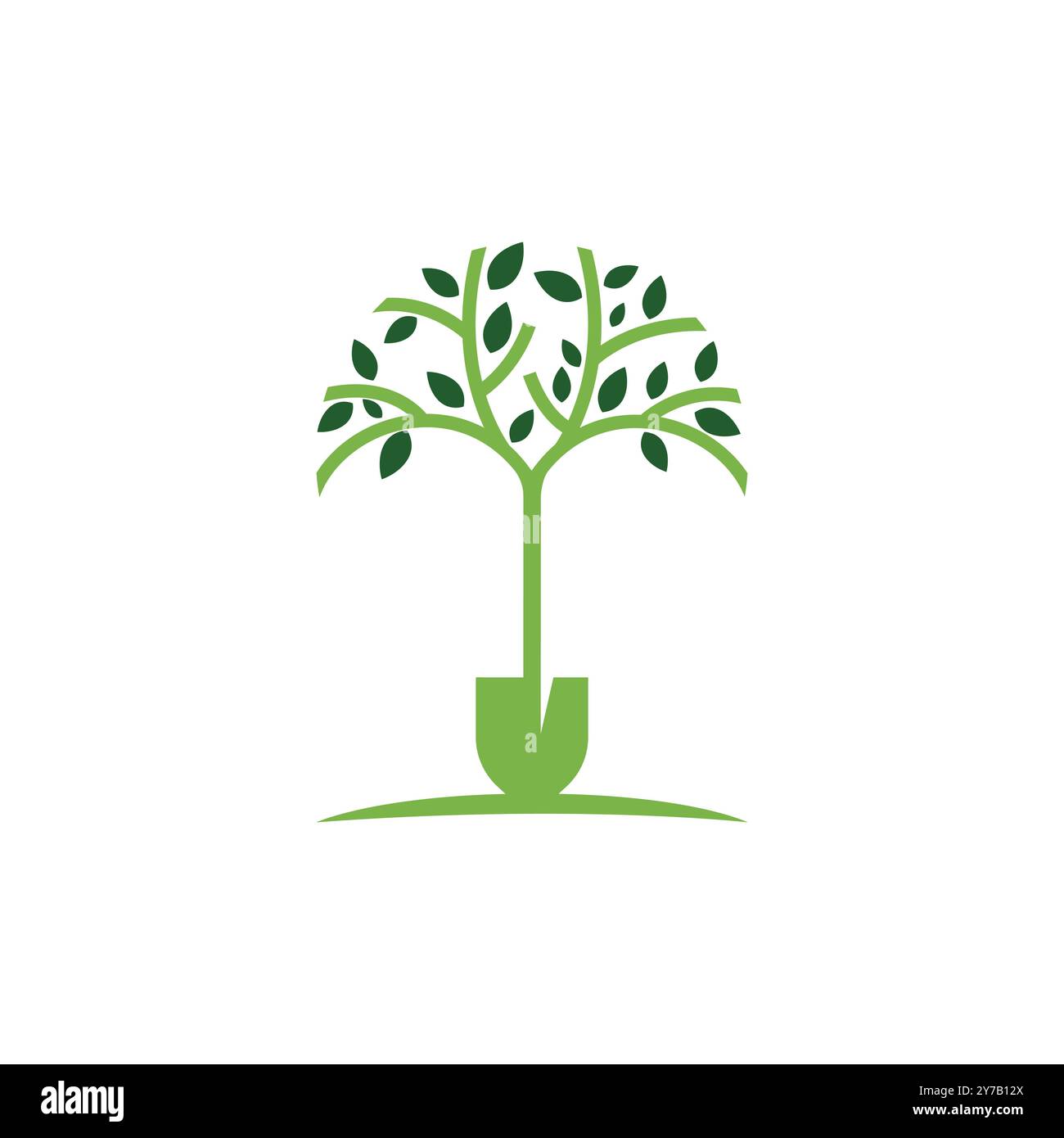 Landschaftslogo Vektorbaum Blätter und Schaufel. Logo für die Schaufel des Konzeptbaums. Symbol für Landschaftsgärtner. Gartendienstemblem. Firmensymbol für Landschaftsbau. Stock Vektor