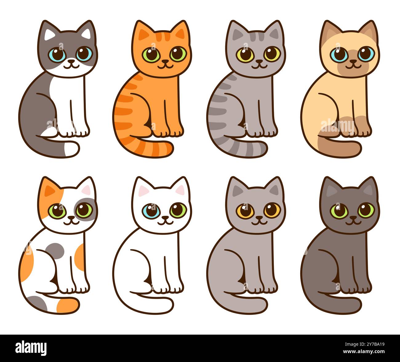 Niedliches Cartoon-Katzen-Set, verschiedene Rassen und Farben. Lustige Kätzchen sitzen, einfache Hand gezeichnete Vektor-Illustration. Stock Vektor