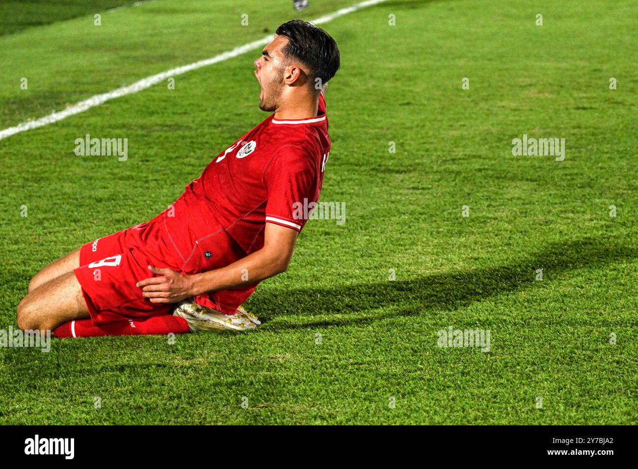 Jakarta, Indonesien. September 2024. Jens Raven aus Indonesien feiert sein Tor während des Gruppenspiels F zwischen Indonesien und Jemen beim AFC U20 Asian Cup 2025 Qualifying in Jakarta, Indonesien, 29. September 2024. Quelle: Agung Kuncahya B./Xinhua/Alamy Live News Stockfoto