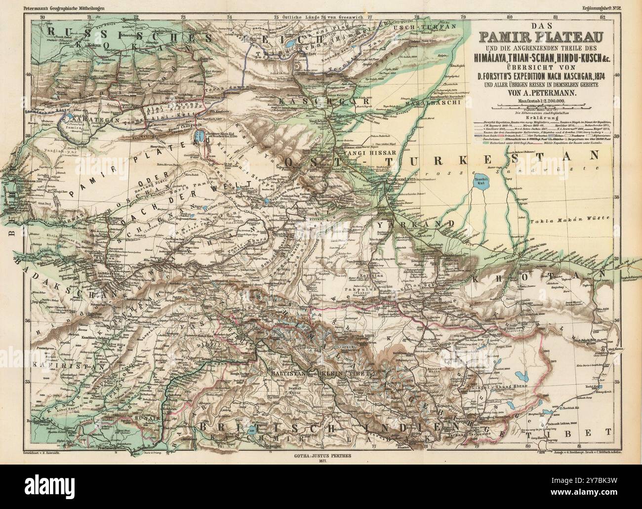 Vintage-Karte des Pamir-Plateaus und der angrenzenden Teile des Himalaya, Thian-Shan, Hindu-Kush und c.. Überblick über D. Forsyths Expedition nach Kashgar 1874 Stockfoto