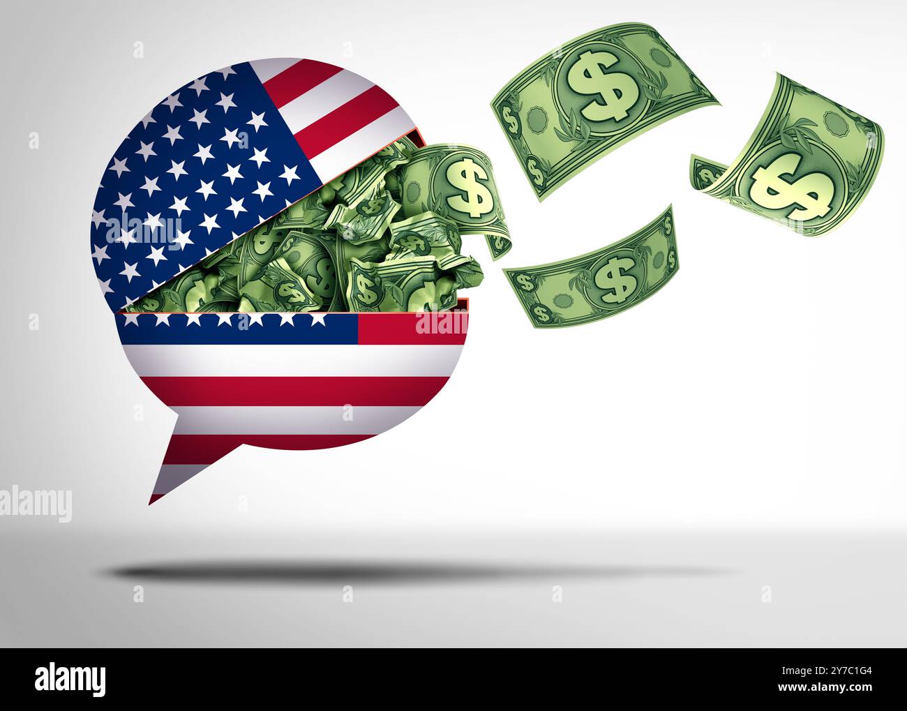 Einfluss von US-Unternehmen und Geld mit politischen Botschaften, beeinflusst durch die Lobbyarbeit im Finanzsektor, Super-PACS-Lobbyarbeit und amerikanische Nachrichten bezahlten Medienvoreingenommenheit Stockfoto