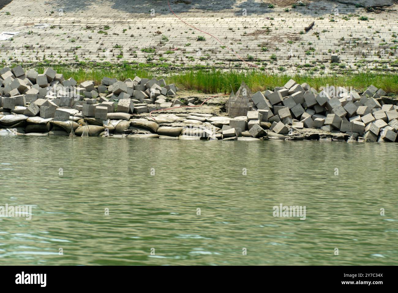 Betonwürfel, die als Küstenschutz vor Flusserosion dienen Stockfoto