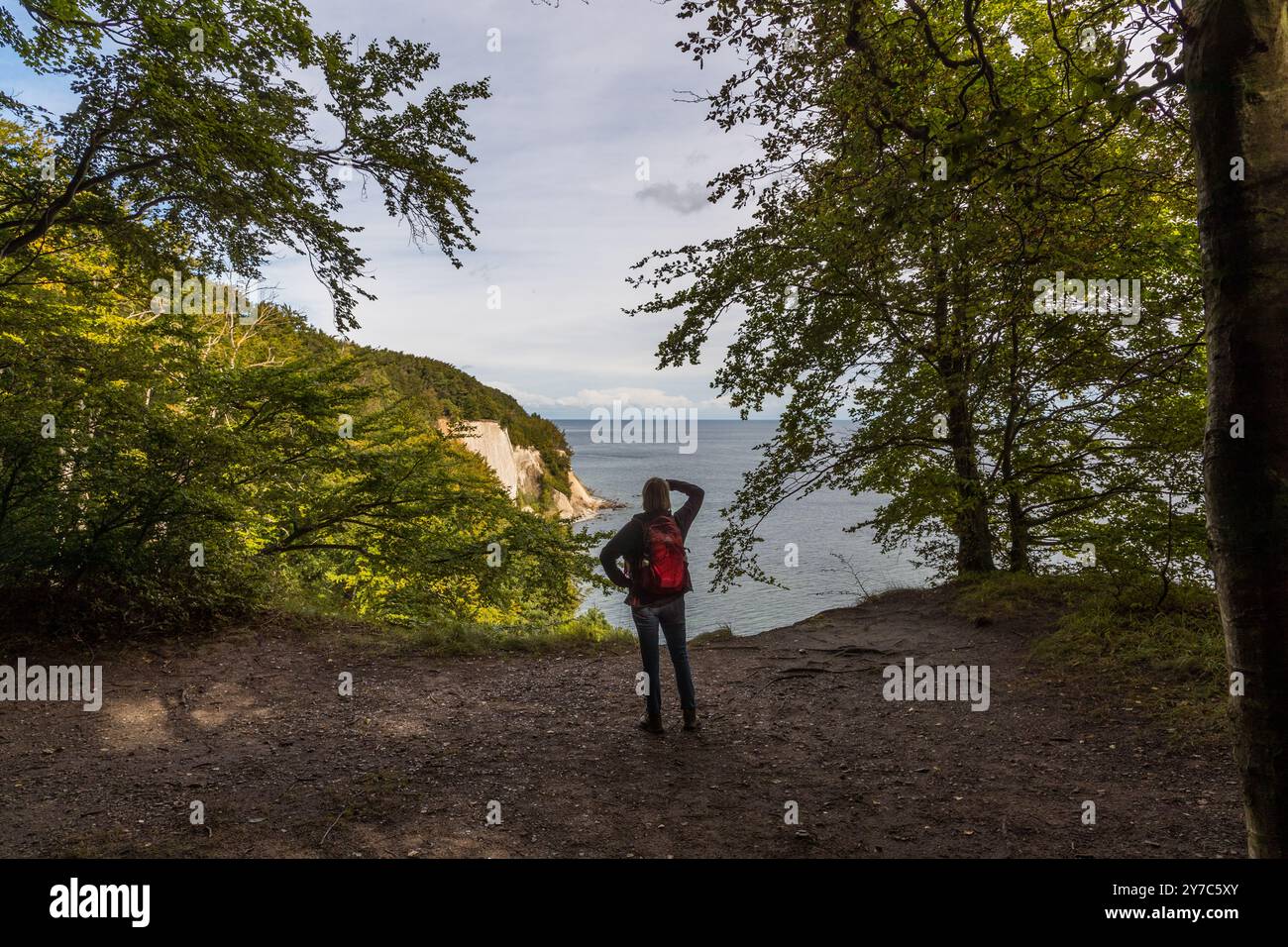Wanderweg entlang der Kreidefelsen auf Rügen. Hochuferweg Sassnitz–Königsstuhl, Sassnitz, Mecklenburg-Vorpommern, Deutschland Stockfoto