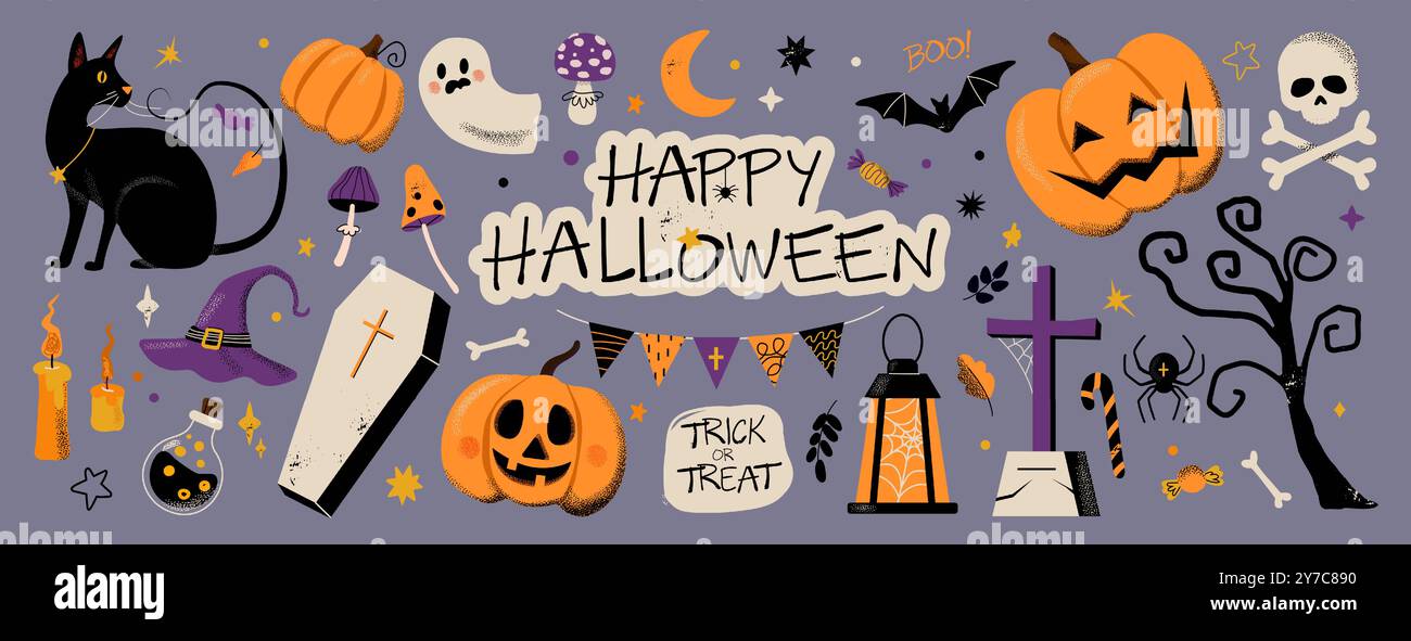 Frohes Halloween. Niedlicher helloween-Partyhintergrund, mit Katzenhexe und Kürbis einladen. Mondgespenst. Sticker Kollektion. Karikatur flache Stil isolierte Illustration. Vektor-Hexerei-Poster Stock Vektor