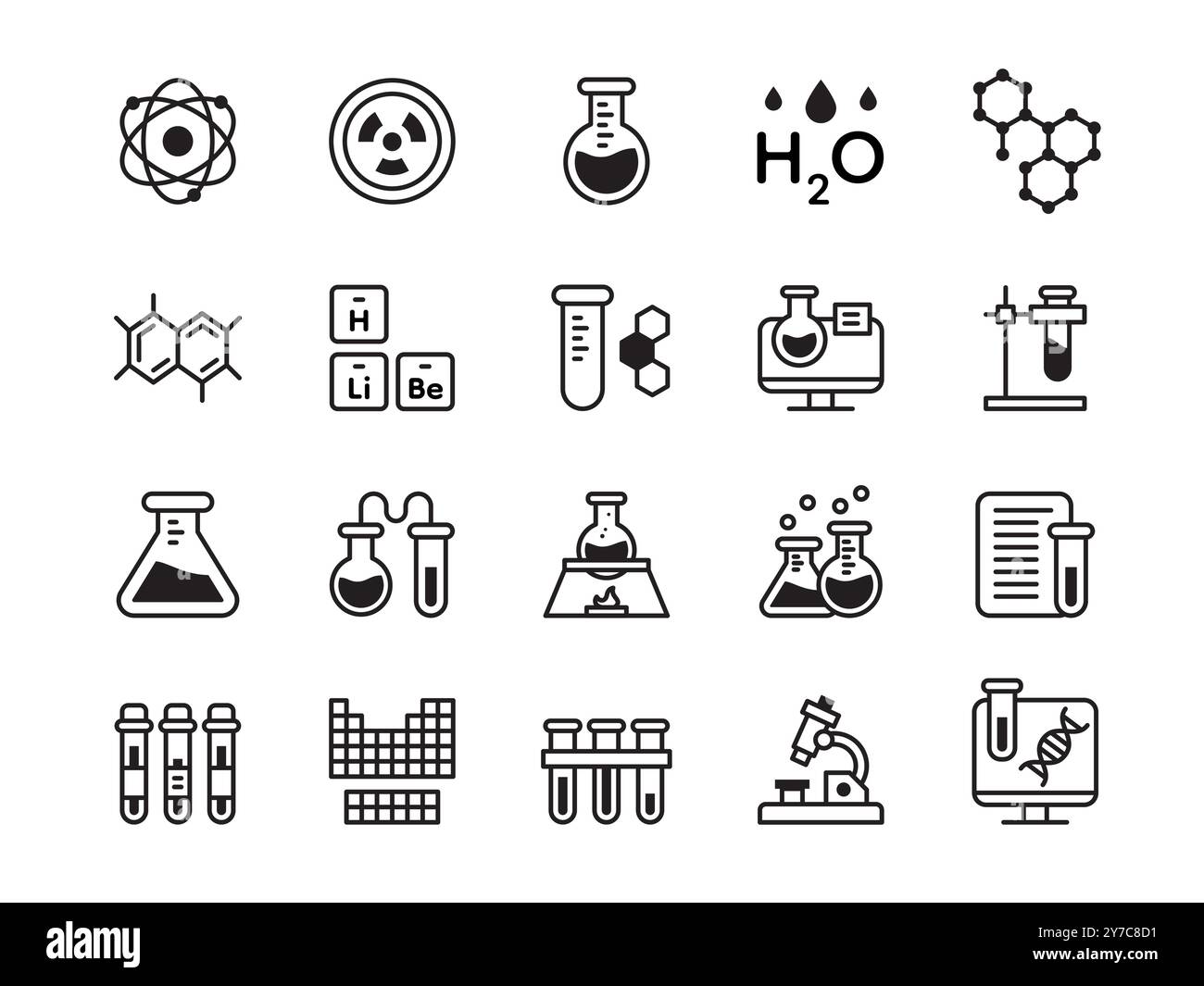 Laborsymbole. Laborforschung in Chemie oder Biologie. Medizinischer DNA-Test. Studie oder Technologieexperiment. Das Piktogramm des radioaktiven Atoms. Chemikalienbecher. Wissenschaftliche Diagnostik. Vektorlinienelemente festgelegt Stock Vektor