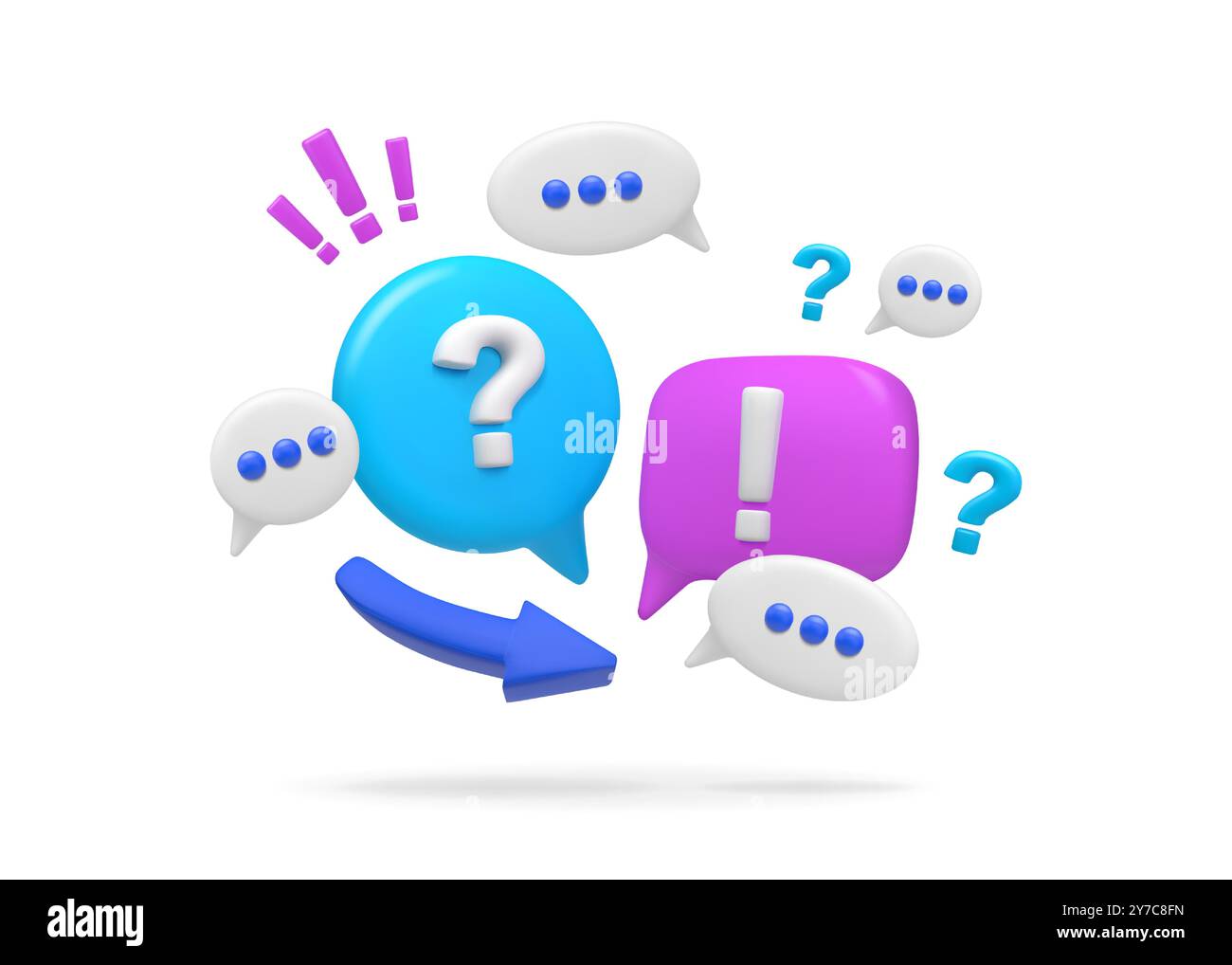 3D-Frage. Abfragemarke. Symbol für die Wiedergabe von Zweifeln. Antwort fragen. Kommunikations- oder Sprachblase. FAQ-Dialogfeld. Problemgespräch. Verwirrungslösung. Ausrufezeichen. Brainstorming-Diskussion. Vektorkonzept Stock Vektor