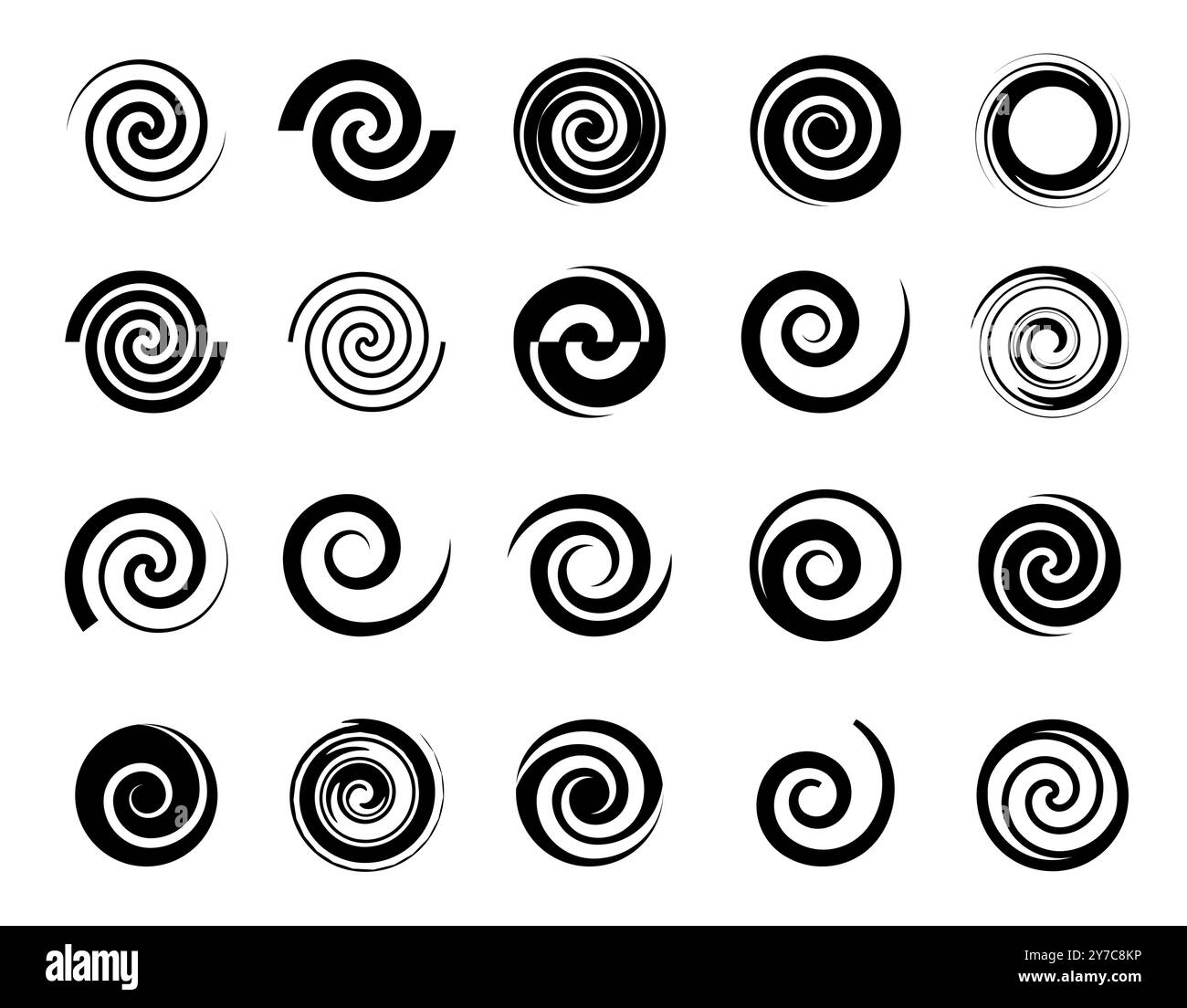 Spirallogo. Muster für Verwirbelung und radiale Verdrehung oder Schwarzes Kreisen. Speed Silhouette. Rundwirbel. Rotationsbewegung. Minimale Form. Kurvenlinie. Abstrakte Wirbelform. Vektorsymbole festgelegt Stock Vektor