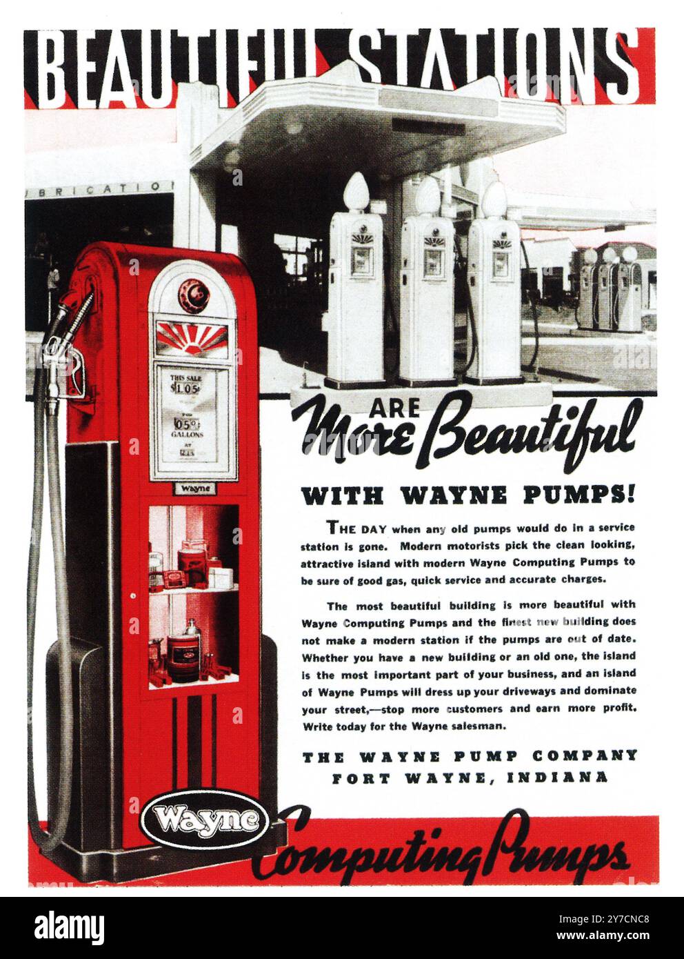 1937 Wayne Computing Pumps Werbespot – „schöne Stationen sind schöner mit Wayne Pumps“ Stockfoto