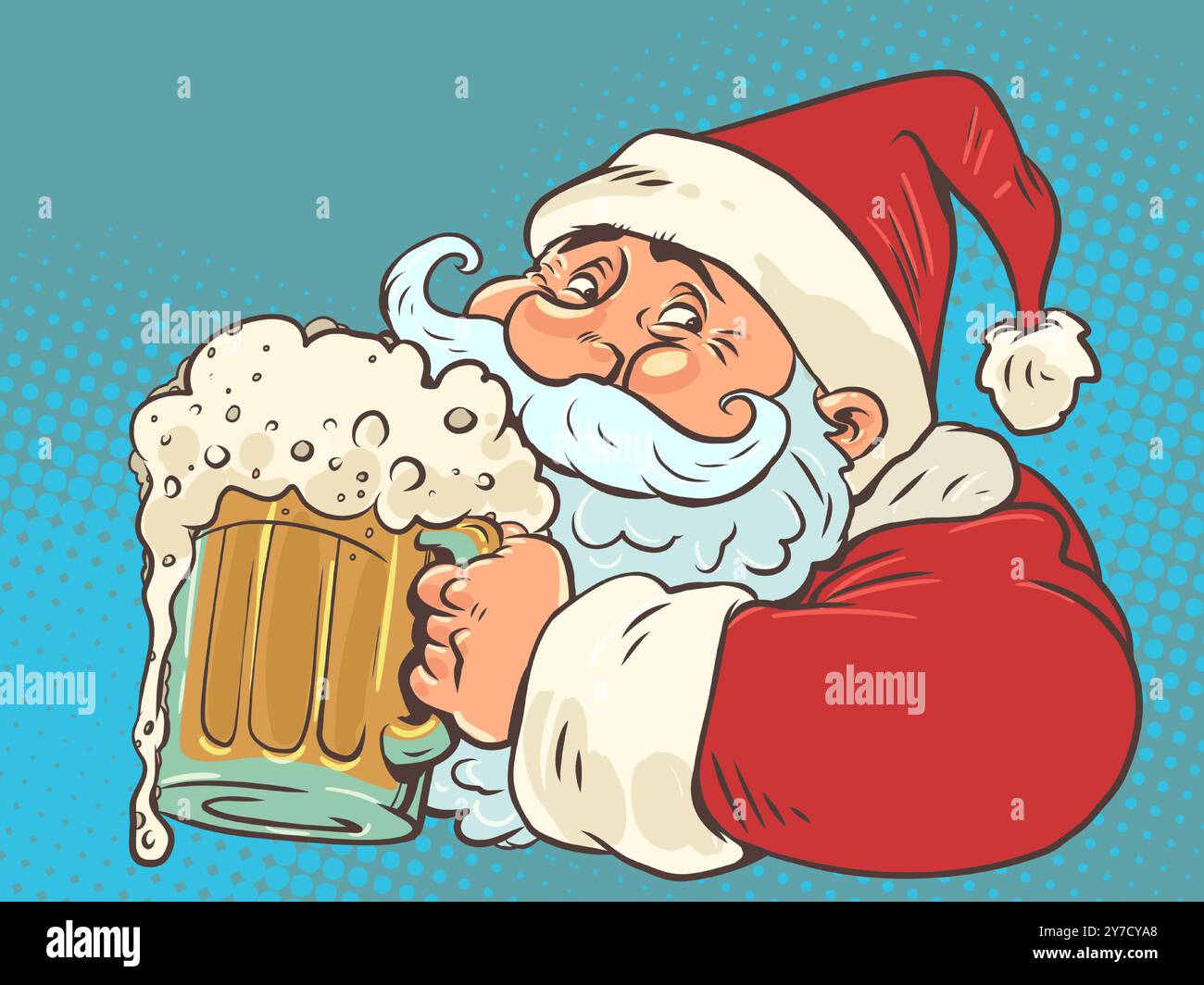 Der Weihnachtsmann hält ein Glas schaumiges Ale. Neujahr in Bars und Restaurants. Lieferung köstlicher für Weihnachten und Feiertage. Stock Vektor