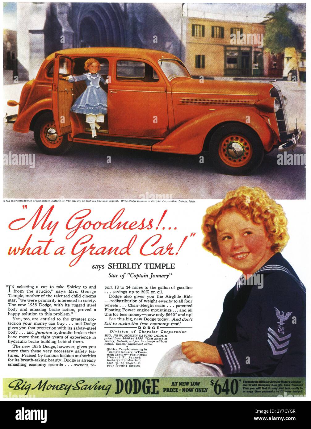 1936 Dodge Ad mit Shirley Temple Stockfoto