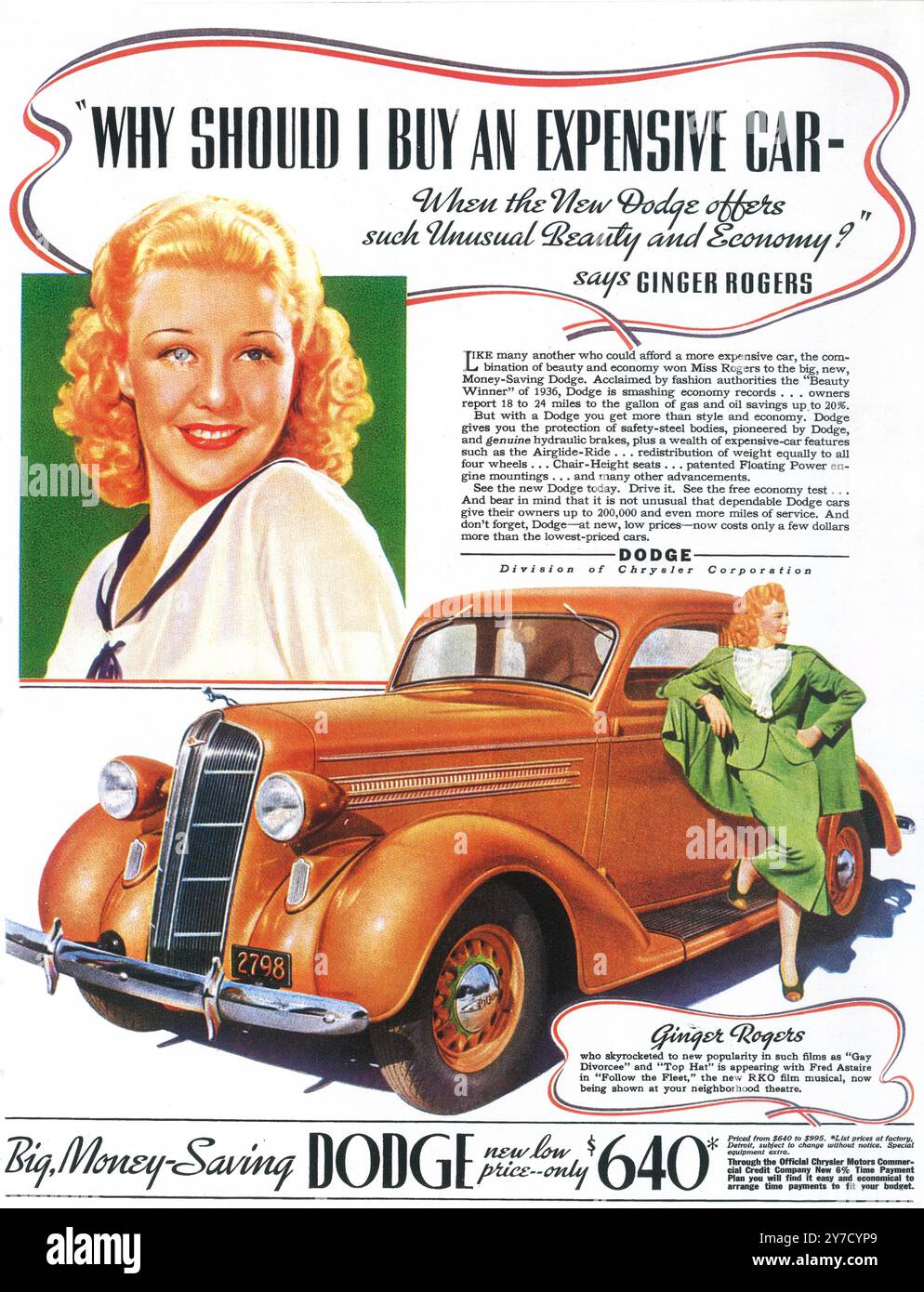 1936 Dodge Ad mit Ginger Rogers Stockfoto