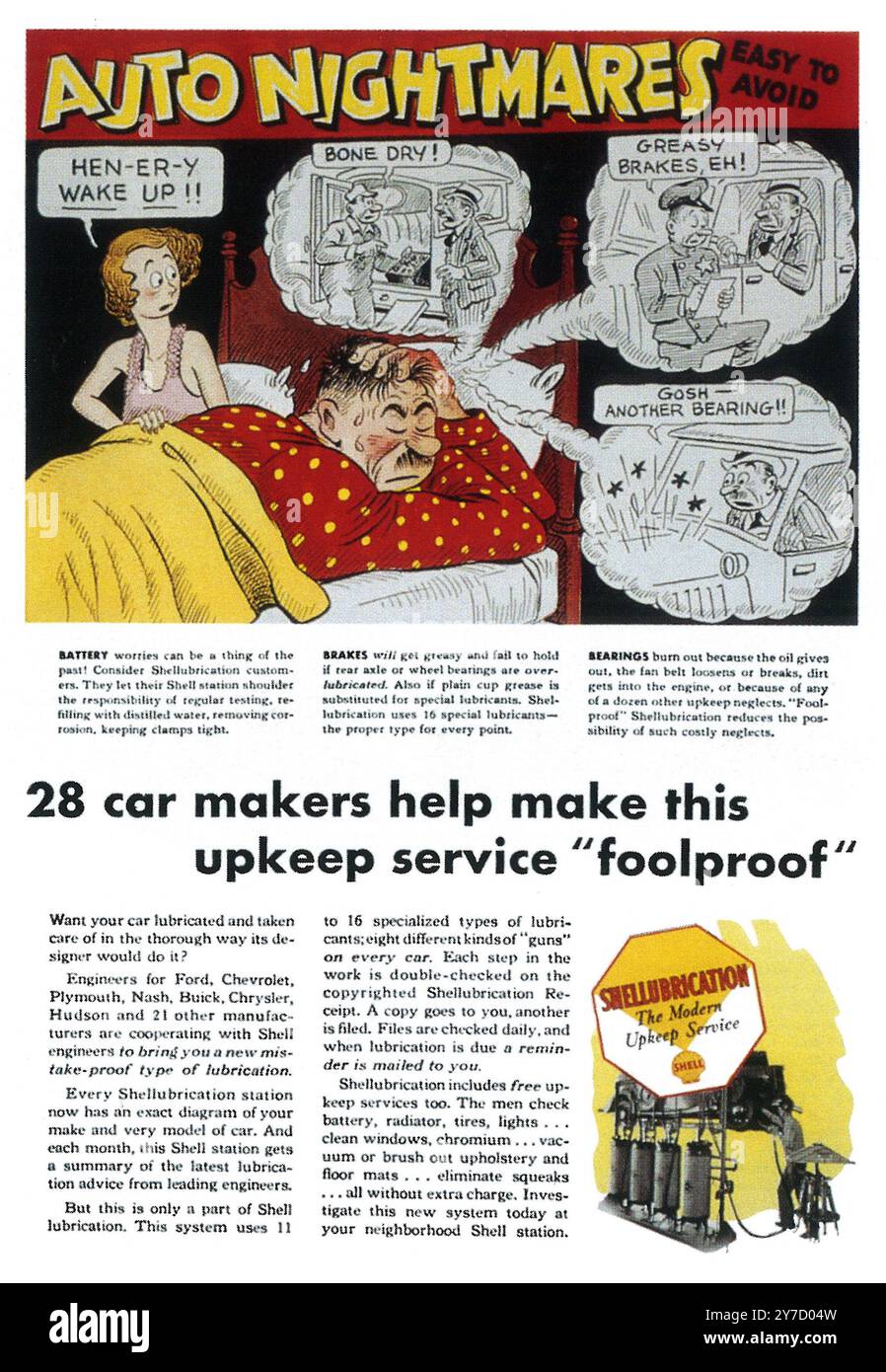 1936 Anzeige für Schmierung der Außenhülle – „der moderne Wartungsservice“ – „Auto Albträume leicht zu vermeiden“ Stockfoto