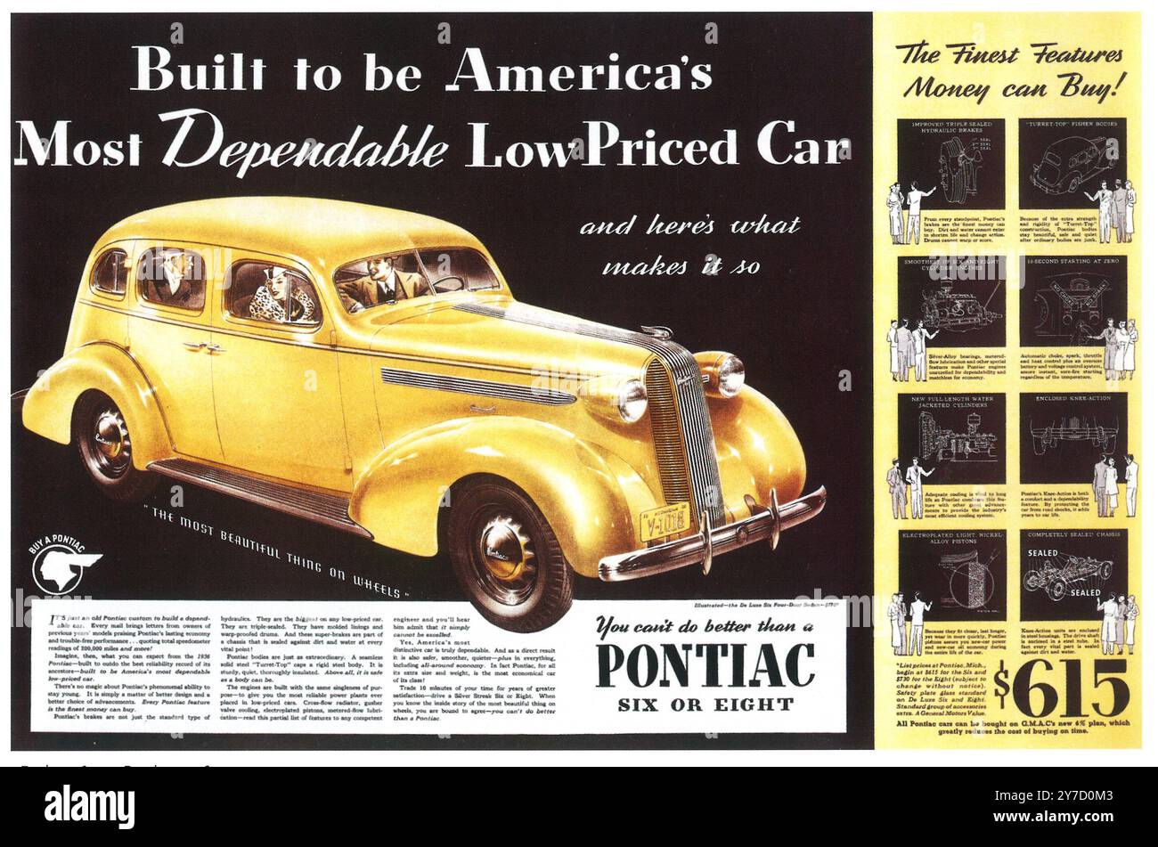 1936 Pontiac de Luxe sechs viertürige Limousine Werbespot - „Built to be American Most Reliable Low-price Car“ - „The Finest Features Money CAN Buy“ Stockfoto