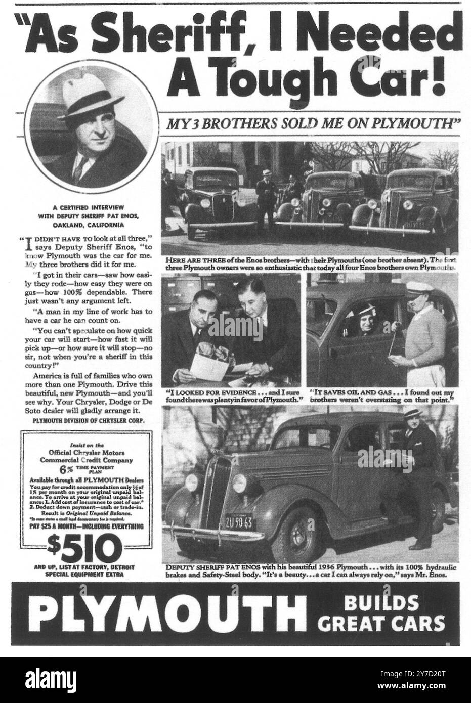 1936 Plymouth Car Ad – „als Sheriff, I Neede A Tough Car!“ - Interview mit Deputy Sheriff Pat Enos Oakland CA Stockfoto