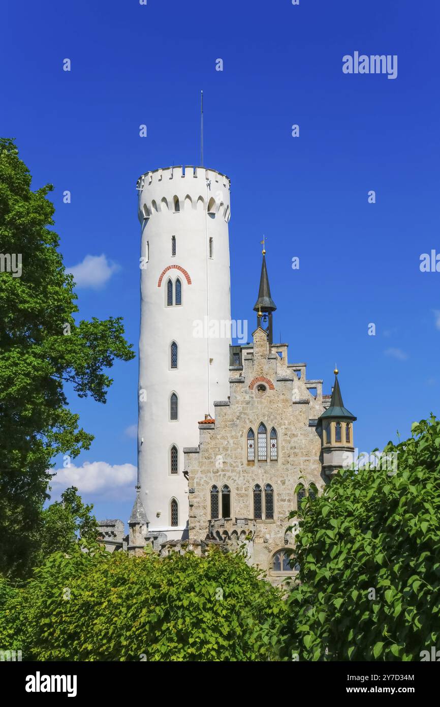 Schloss Lichtenstein, Märchenschloss Württemberg, historisches Gebäude, Wahrzeichen der Schwäbischen Alb, Honau, Lichtenstein, Reutlingen, Ba Stockfoto