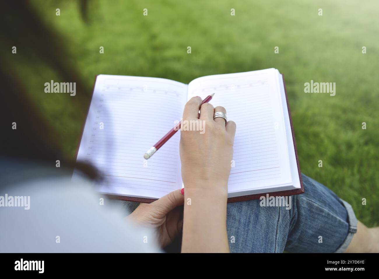 Nahaufnahme junger Frauen, die im Park auf Notizbuch schreiben. Bildungs- und Wissenskonzept Stockfoto